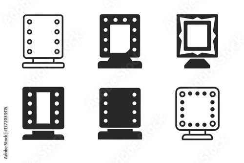 Hollywood Mirror Icons. vanity mirror. Set Logo of vanity mirror: Hollywood bulb vanity mirror. Icon set. harmonious logo variations of the same emblematic