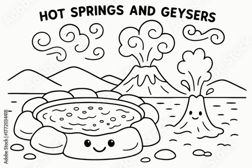 Hot Springs Adventure. Hot springs and geysers children?s coloring book illustration, outlined drawing, a smiling hot spring pool and a tiny geyser beside a