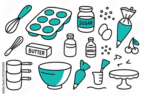Baking Essentials Doodle. // Dessert baking. Hand-drawn doodle illustration Dessert baking [cupcake tray (accented), whisk, sugar jar (accented), butter stick,