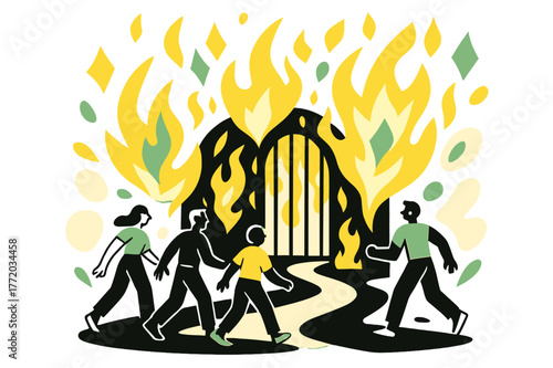 Path to Fiery Gates. Figures Walking Towards Fiery Gates. Figures walking along a scorched path toward blazing gates with floating abstract geometric flames,