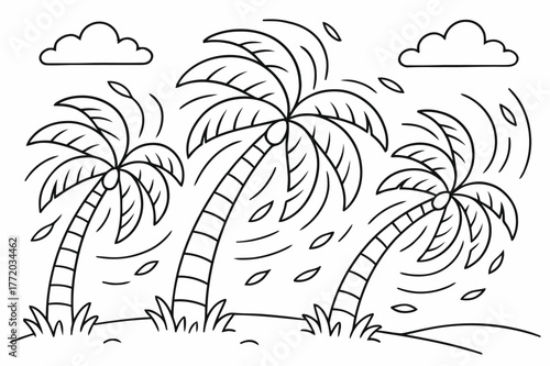 Windy Palm Coloring. Windy palm day children?s coloring book illustration, outlined drawing, palm trees bending gently in the breeze with curved motion lines