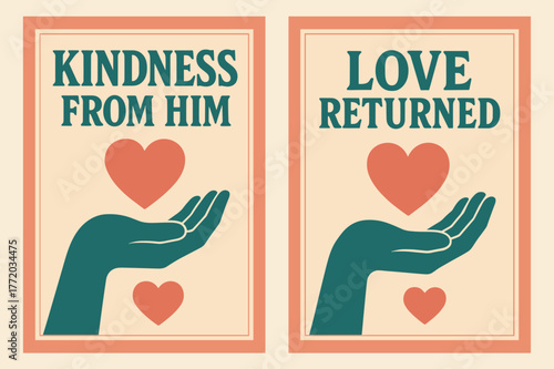 Kindness and Love Banners. Compassion. Two vertical A6 banners with safe margins, centered composition, no elements touching edges, retro, coral and teal, open