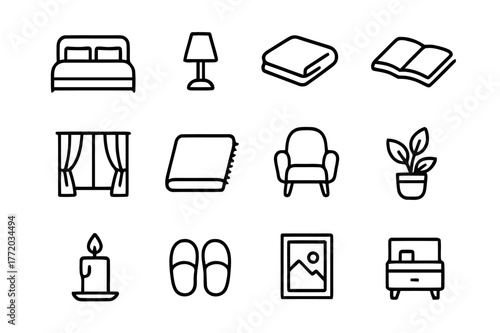 Cozy Bedroom Icons. Cozy Bedroom. Line icon set of Cozy Bedroom: bed with pillows, bedside lamp, blanket, book on bed, window with curtain, rug, soft chair,