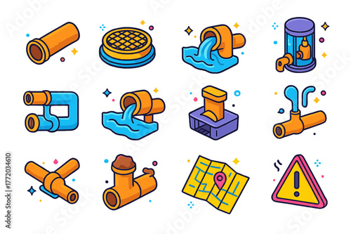 Colorful Sewage Icons. Sewage. Colorful isometric vector icons set of Sewage: sewer pipe, manhole cover, wastewater flow, lift station pump, combined sewer,