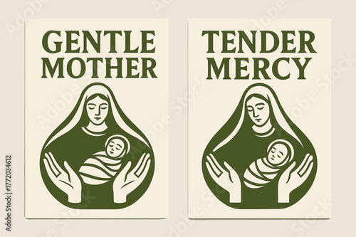 Gentle Mother, Tender Mercy. Motherly Care. Two vertical A6 banners with safe margins, centered composition, no elements touching edges, bold, olive green and