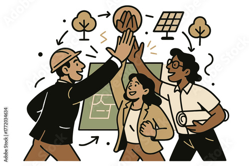 Sustainable Teamwork Celebration. Sustainable construction teamwork. Architects, engineers, and ecologists high-fiving under a green blueprint; icons of trees