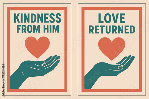 Kindness and Love Banners. Compassion. Two vertical A6 banners with safe margins, centered composition, no elements touching edges, retro, coral and teal, open