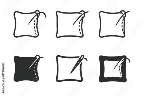 Sewing Logo Variations. Sewing pillowcase. Set Logo of Sewing pillowcase: needle stitching along edge. harmonious logo variations of the same emblematic