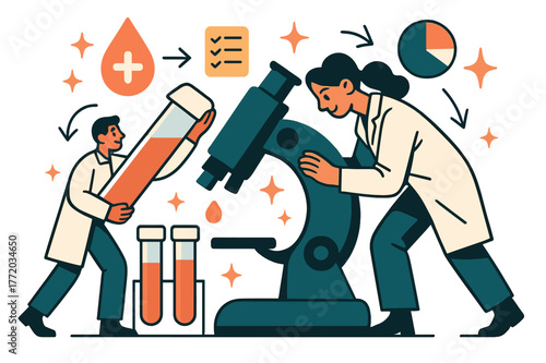 Dynamic Lab Analysis. Blood test. Lab analysis of blood samples with microscope and abstract floating icons, arrows, and sparkles; conveys research,