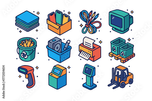 E-Waste Icon Collection. E-waste collection event. Colorful isometric vector icons set of e-waste collection event: old laptops stack, smartphones box, cables