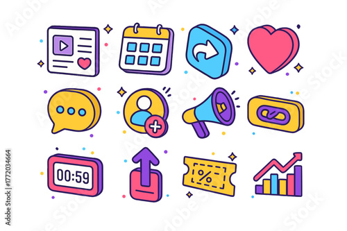 Social Media Icons. Social media event promotion. Colorful isometric vector icons set of Social media event promotion: campaign storyboard card, scheduled post