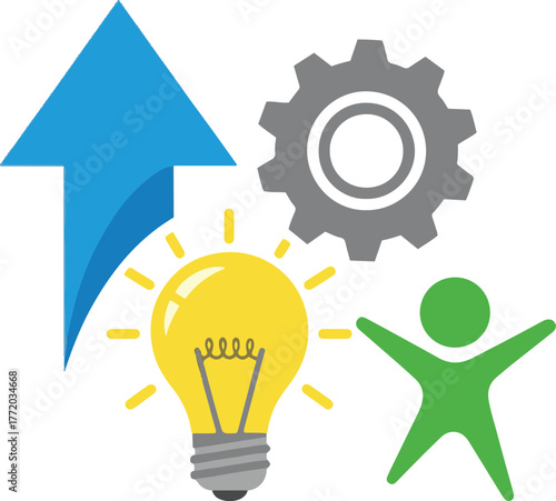 A composite vector illustration representing growth, innovation, and human potential, featuring a large blue upward arrow, a bright yellow lightbulb, a grey gear, and a green stick figure with outstre