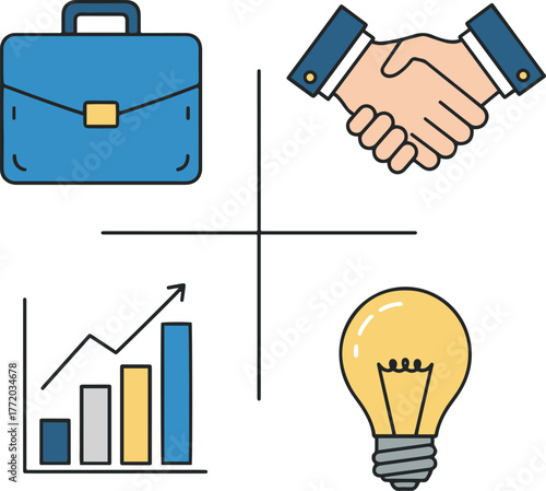 A four-quadrant flat design vector illustration of key business concepts, including a briefcase, handshake, bar graph with upward trend, and a lightbulb, all with outline detailing.