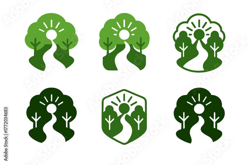 Symbolic Woodland Path Logos. symbolic path leading through the woods, filled with light. Set Logo of symbolic path leading through the woods, filled with