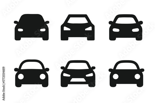 Stylized Car Icons Grid. Traffic Rule Infographic. Set Logo of Car Icon: Filled silhouette, Abstract geometric, Negative space, Symmetrical form, Stylized