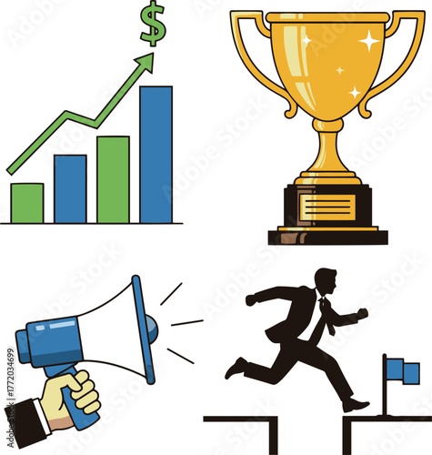 A set of four flat design vector illustrations depicting business achievement and communication, including a bar graph with rising dollar sign, a shiny golden trophy, a hand holding a megaphone, and a