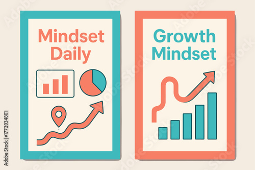 Mindset and Growth Banners. Mindset daily. Two vertical A6 banners with safe margins, centered composition, no elements touching edges, modern, turquoise and