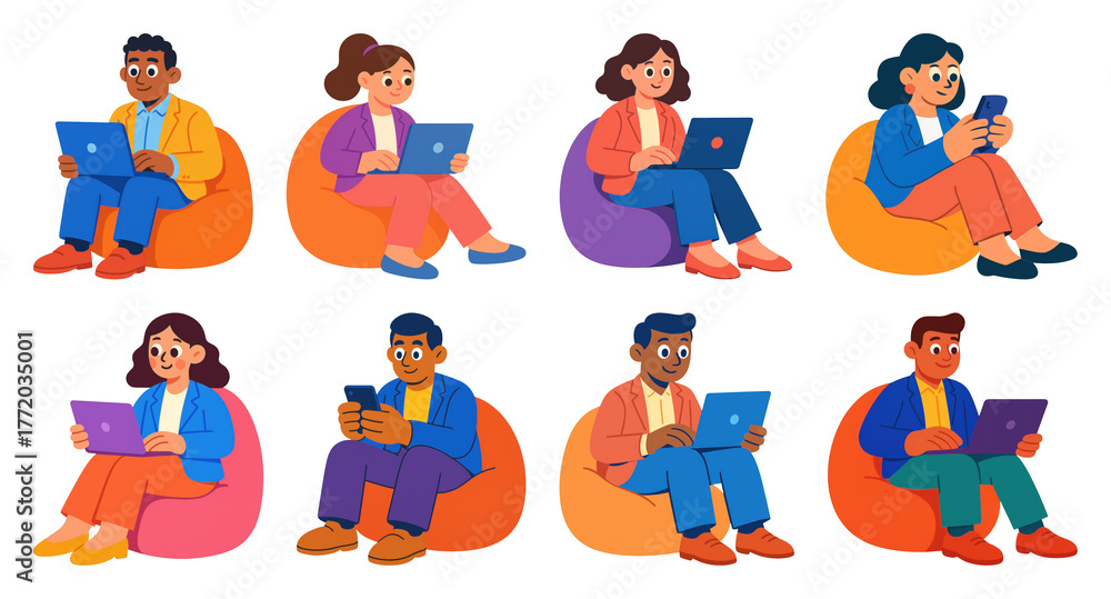 Fototapeta premium PNG Colorful cartoon people working remotely, element set on transparent background