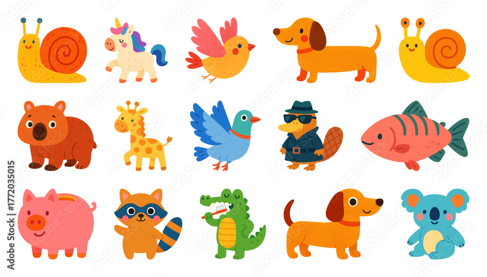 Obraz premium PNG Colorful cartoon animal stickers, element set on transparent background