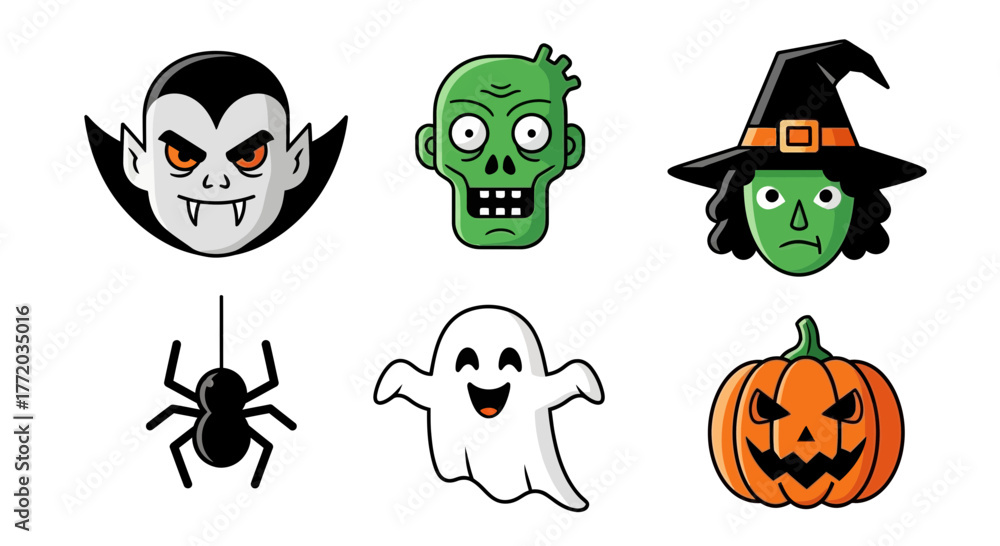 Fototapeta premium A collection of Halloween-themed cartoon icons, including a vampire, zombie, witch, spider, ghost, and jack-o'-lantern, arranged on a white background.