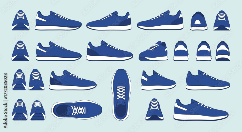 Obraz premium Collection of blue running shoes in various angles and perspectives, including side, top, front, and back views, presented on a light blue background.