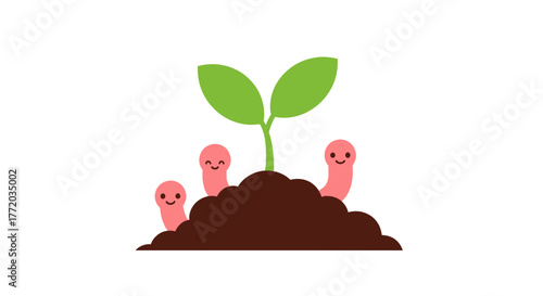 Three smiling worms emerge from soil beneath a small green sprout, against a white background.