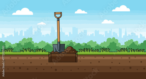 A shovel is stuck in the ground with a pile of dirt next to it, set against a city skyline backdrop.
