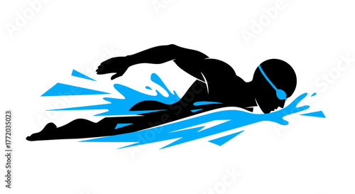 Silhouette of a swimmer in action, arms outstretched, creating water splashes, wearing goggles, against a white background.