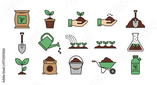 A collection of vector icons depicting gardening and plant cultivation, including soil, seeds, tools, and fertilizer.