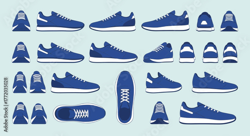 Collection of blue running shoes in various angles and perspectives, including side, top, front, and back views, presented on a light blue background.
