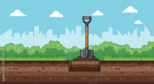 A shovel is stuck in the ground, having dug a hole in a park with a city skyline in the background.
