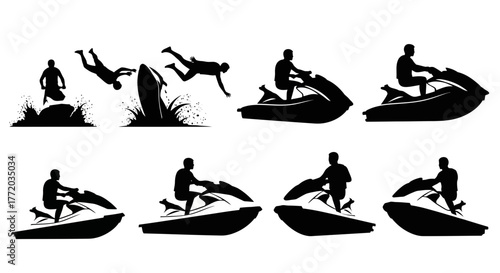 A series of black silhouette illustrations depicting a person falling from a jet ski and then riding it.