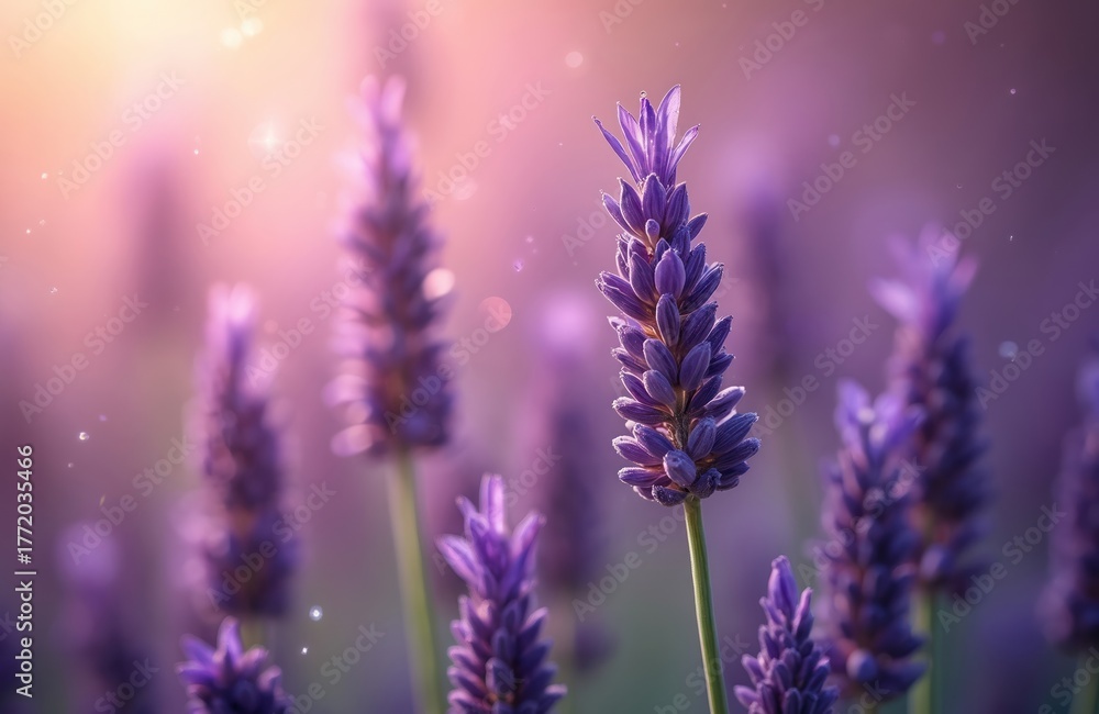 Fototapeta premium Close up of vibrant purple lavender flowers bloom in a sunny garden. Soft pink light glows in the background. A field of fragrant violet plants thrive under warm sunshine, creating a peaceful scene.