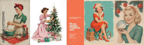 50s Pin Up Christmas Cheer. Adorable retro illustrations featuring pinup girls baking, gifting and celebrating in classic 1950s style.
