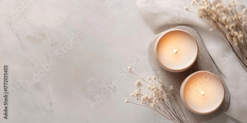 Sculptural Candles. Sculptural candles arranged elegantly on a textured surface with dried flowers, creating a serene atmosphere for relaxation and aesthetic appeal