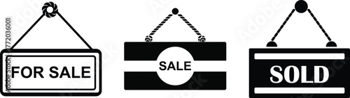 For Sale and Sold Signboard Vector – Hanging Label Silhouette Icons for Marketing and Business Design