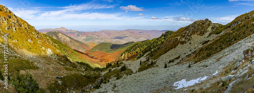 A scenic stream originating from Small Jažinačko Lake (Liqeni i Vogël i Jazhincës) on the Šar Mountains, framed by autumn trees and fallen foliage