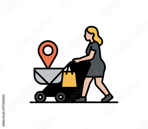 Flat style illustration of woman pushing stroller with shopping bag and location pin