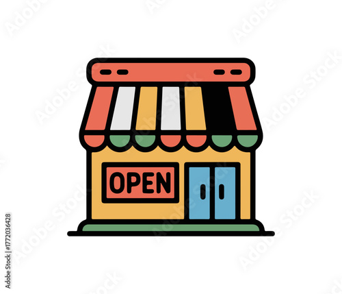 Flat vector icon of small store with colorful striped awning and open sign