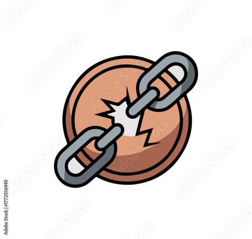 Icon of broken metal chain link with cracked circular background on black
