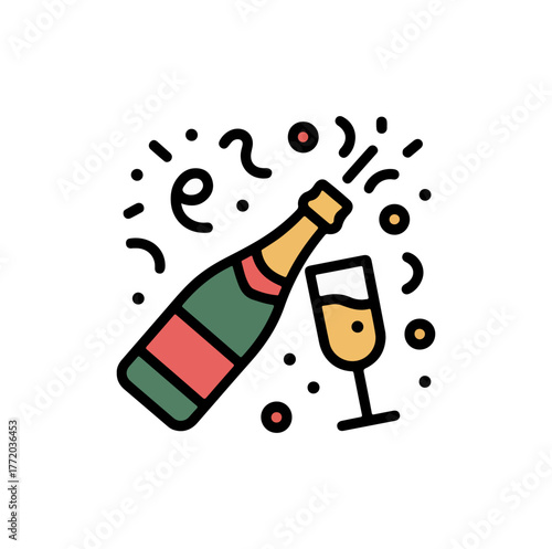 Illustration of a bottle and glass of champagne with bubbles in flat style
