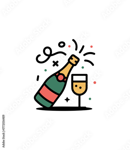 Minimalist flat design of champagne bottle and glass with bubbles on black background