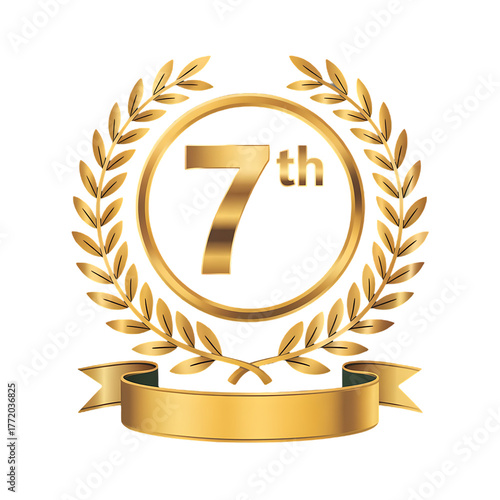 Golden 7th Place Award Badge Illustration Featuring Laurel Wreath And Ribbon Banner Vector Graphic Symbolizing Seventh Position Winner Trophy Achievement Recognition Reward Competition Victory Concept