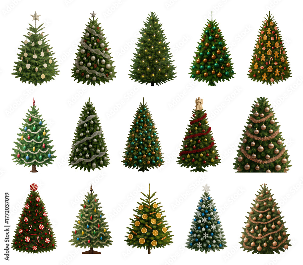 Fototapeta premium PNG Diverse decorated Christmas trees displayed, transparent background