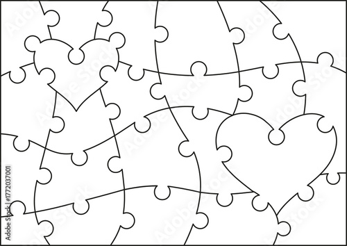 Puzzle of 23 pieces. Outline. The central part of the puzzle has 2 heart shapes. Heart-shaped puzzle, background, photo, template, rest, learning, motor skills. A3, A4, A5