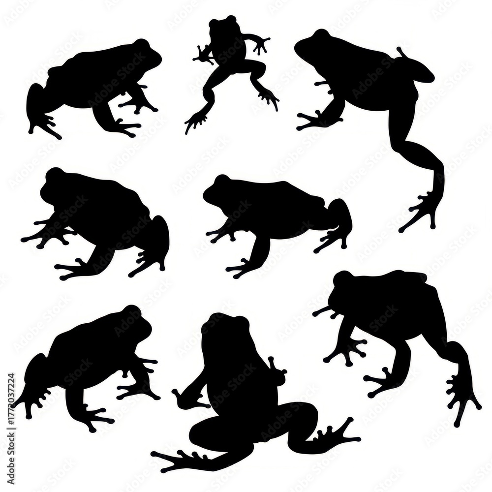 Naklejka premium Collection of Frog Silhouettes in Various Poses on White Background.