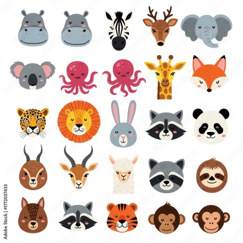Fototapeta premium Cute Animal Faces Collection - Vector Illustration for Kids.