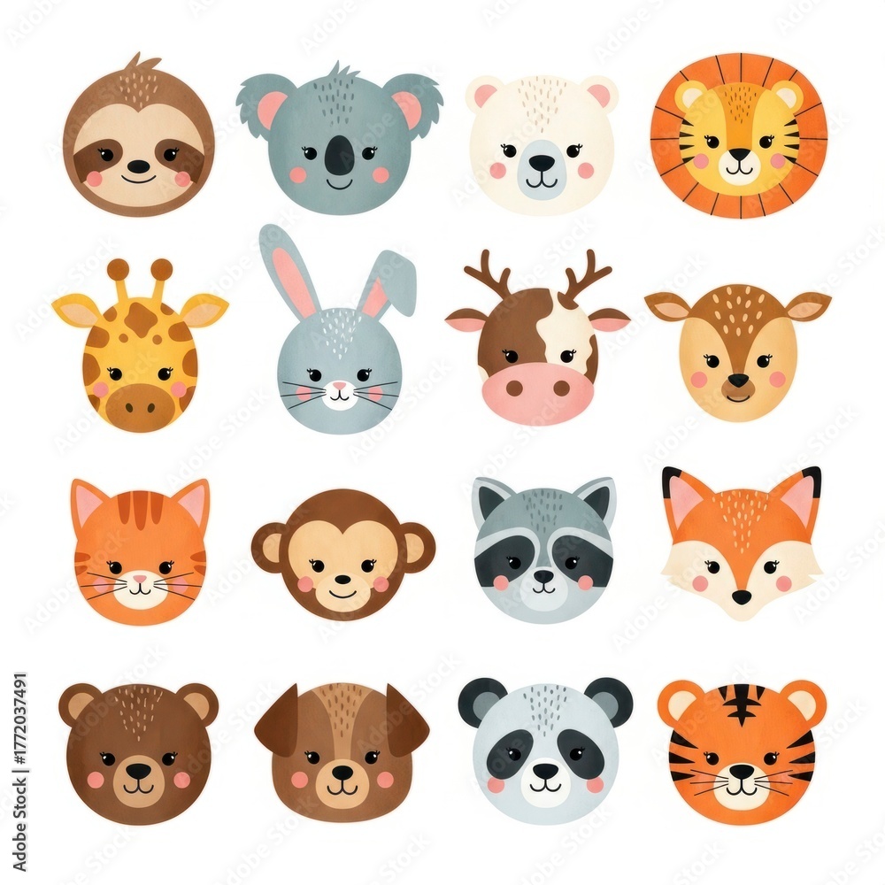 Naklejka premium Cute Animal Faces Set - Sloth, Koala, Bear, Lion and More.
