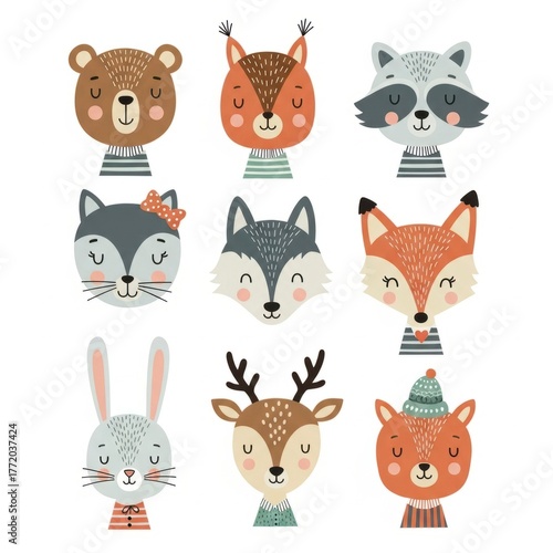 Cute Animal Faces Illustration - Bear, Squirrel, Raccoon, Fox, Rabbit, Deer.