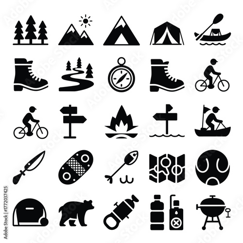 Adventure outdoors camping hiking equipment and activities vector icons set collection